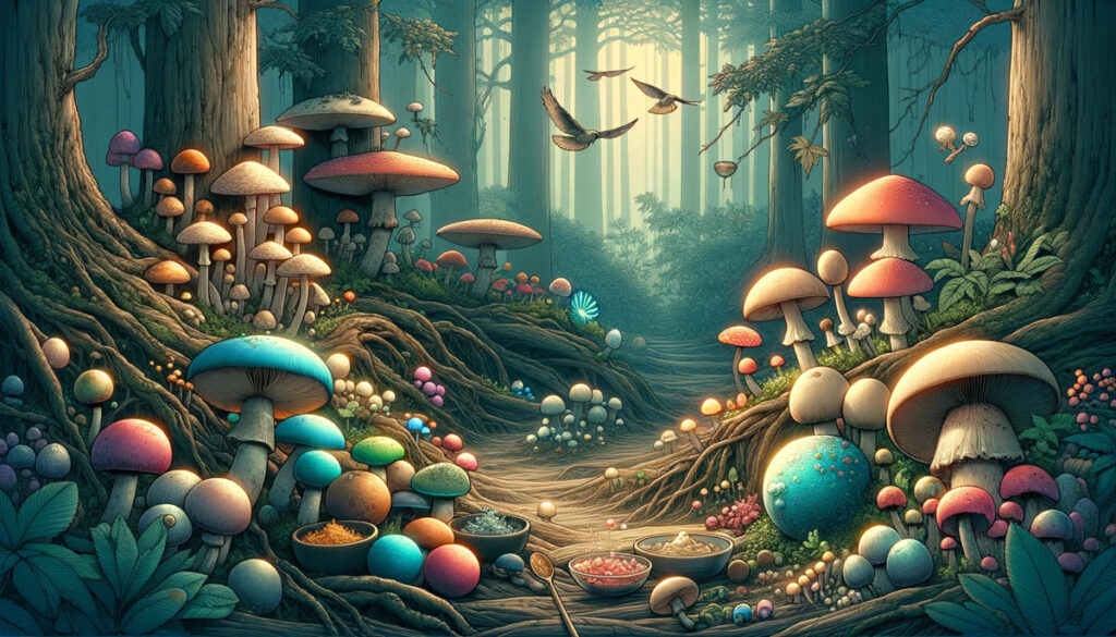 Engaging image showcasing a diversity of Agaricales mushrooms in a dense forest undergrowth, highlighting their ecological significance and the study of Psilocybin, without any text or cartoon elements.