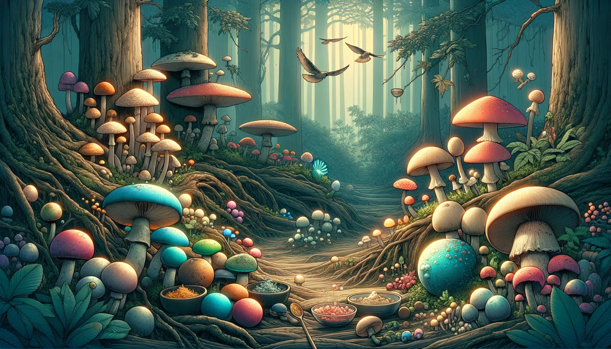 Engaging image showcasing a diversity of Agaricales mushrooms in a dense forest undergrowth, highlighting their ecological significance and the study of Psilocybin, without any text or cartoon elements.