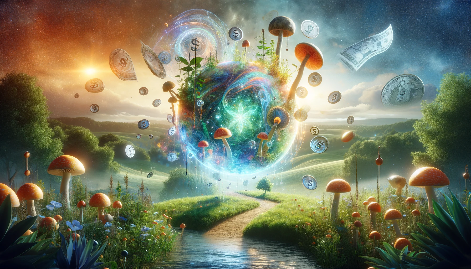 A serene landscape combining lush greenery and sprouting mushrooms with abstract floating financial symbols, illustrating the balance between the natural healing journey of psilocybin therapy and its associated costs. This image encapsulates the comprehensive guide to Field Trip Health's psilocybin therapy, highlighting both the organic aspect of the treatment and the financial considerations involved.