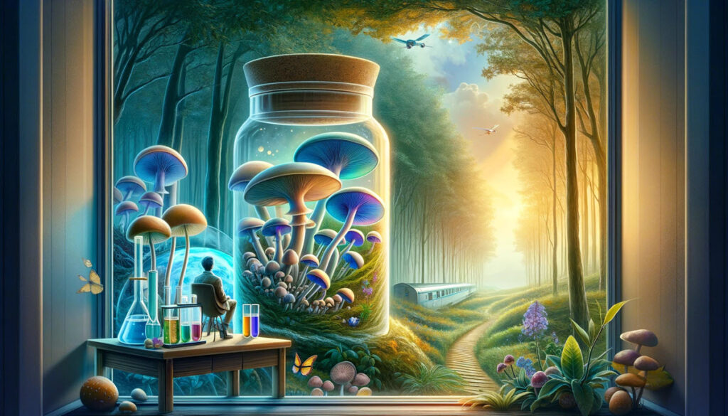 Realistic depiction of psychedelic research's impact on mental health, merging serene natural landscapes with scientific study, inspired by the Johns Hopkins mushroom study.