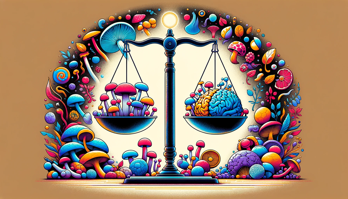 Balanced scale with mushrooms on one side and a brain on the other, symbolizing the comparison of therapeutic benefits and risks of mushroom use, with vibrant and dark tones illustrating positive and negative effects for a mental health treatment blog post.