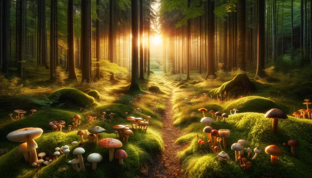 A wide landscape of a serene and inviting forest at sunset, featuring a variety of colorful mushrooms in the foreground leading into the depth of the woods. Tall trees with rustling leaves under the soft, golden light cast dappled shadows on the forest floor, evoking a sense of healing and tranquility.