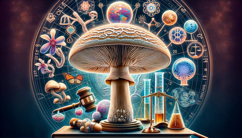 Comprehensive visual representation of Psilocybe Cubensis, featuring the mushroom with elements symbolizing its psychological effects, legal considerations, and scientific research, blending nature with symbols of law and science.