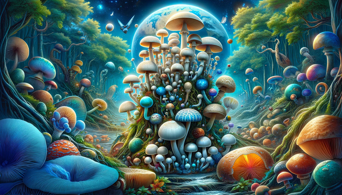 Variety of psilocybin mushrooms in diverse natural habitats, highlighting their natural beauty and diversity, set against lush forests and mystical landscapes, illustrating the global presence of psilocybin fungi.