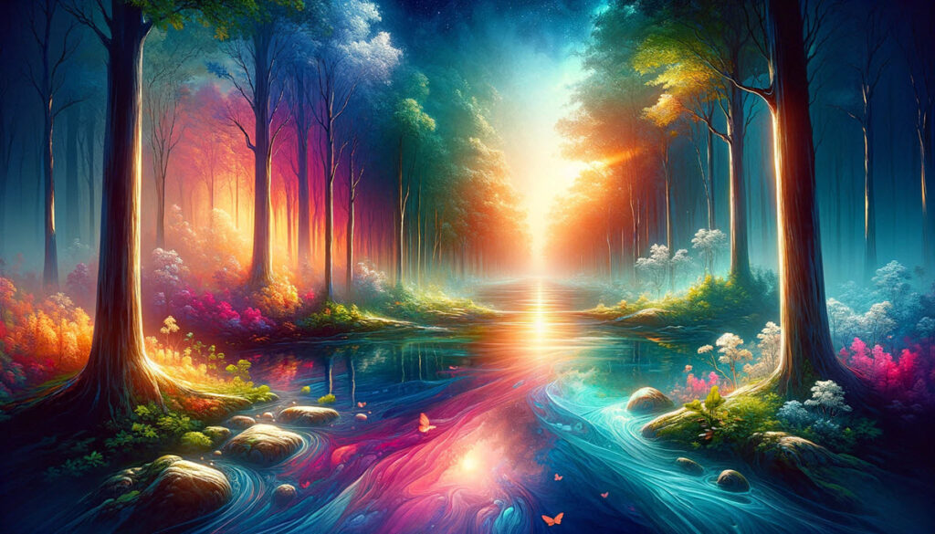 Serene image depicting the transformative journey of psychedelic therapy for anxiety, featuring a tranquil natural setting that transitions into a colorful, enlightened space, symbolizing peace and healing.