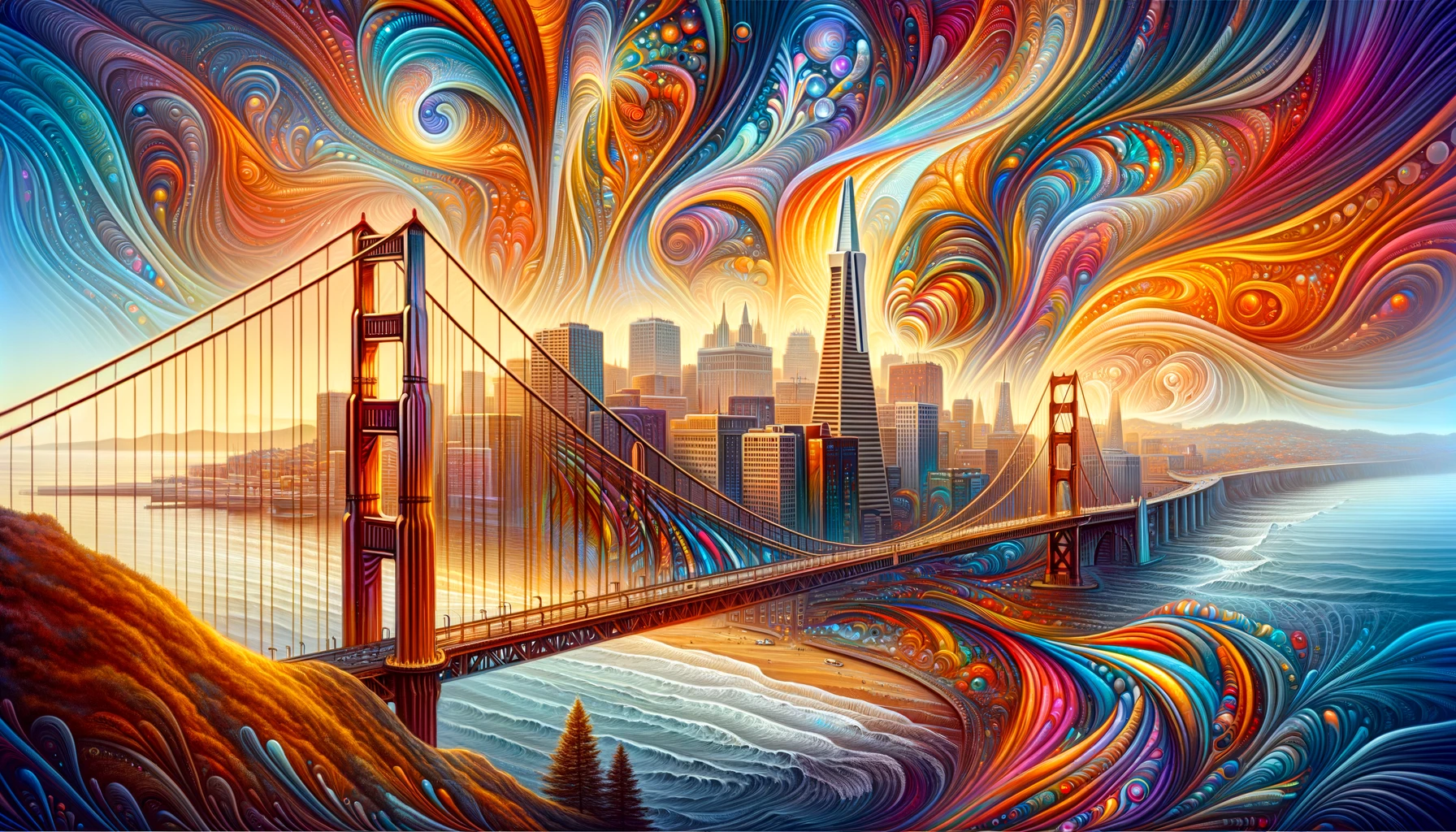 Abstract representation of the San Francisco Bay Area skyline, including the Golden Gate Bridge, merging with vibrant, swirling colors and patterns that symbolize the transformative journey of psychedelic-assisted therapy. The image combines warm and cool tones to evoke a sense of balance and healing, reflecting the Bay Area's pioneering spirit in the field of psychedelic therapy.