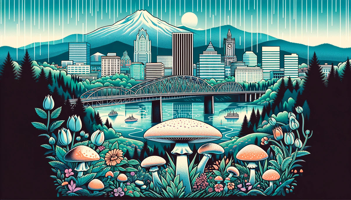 Serene image blending Portland's iconic landscapes with psilocybin mushrooms, representing psychedelic therapy in Oregon amidst natural and urban settings.