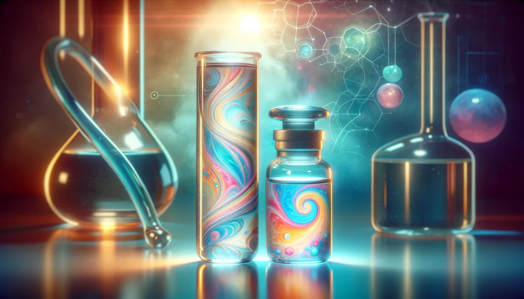 An engaging image featuring a clear glass vial or beaker filled with a swirling, colorful liquid, symbolizing psychedelic substances under study, set against a softly illuminated laboratory background. The scene evokes curiosity, discovery, and the potential for healing, encapsulating the essence of a comprehensive guide to psychedelic clinical trials.