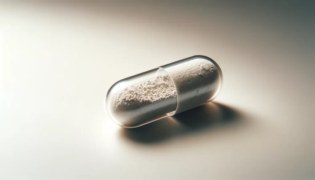 Close-up of a transparent microdose capsule filled with a fine, lightly colored powder on a clean, neutral background, emphasizing the concept of microdosing with natural substances.