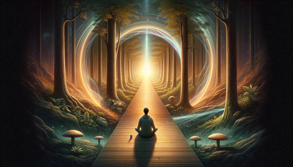 Image symbolizing the journey of a psychedelic therapist, from learning the basics to conducting psilocybin sessions, depicted through a path leading from a serene forest to a space of healing light.