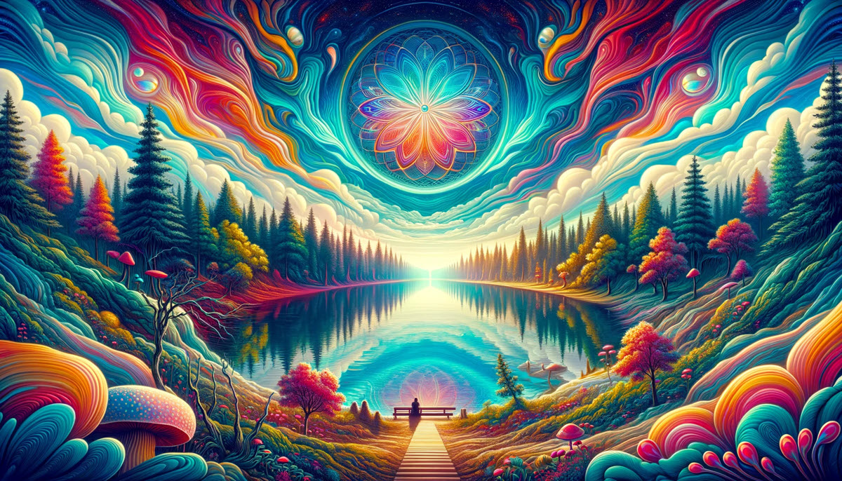 A serene and transformative landscape depicting the therapeutic journey of using psychedelics for depression and anxiety, featuring a tranquil lake, vibrant forest, and a path leading into a kaleidoscopic sky, symbolizing healing and self-discovery.